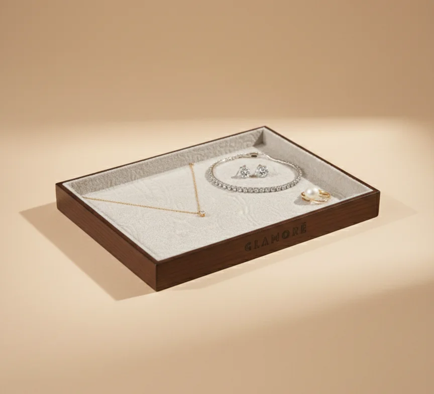 Luxury Wooden Jewelry Tray (Wooden & Beige Velvt)